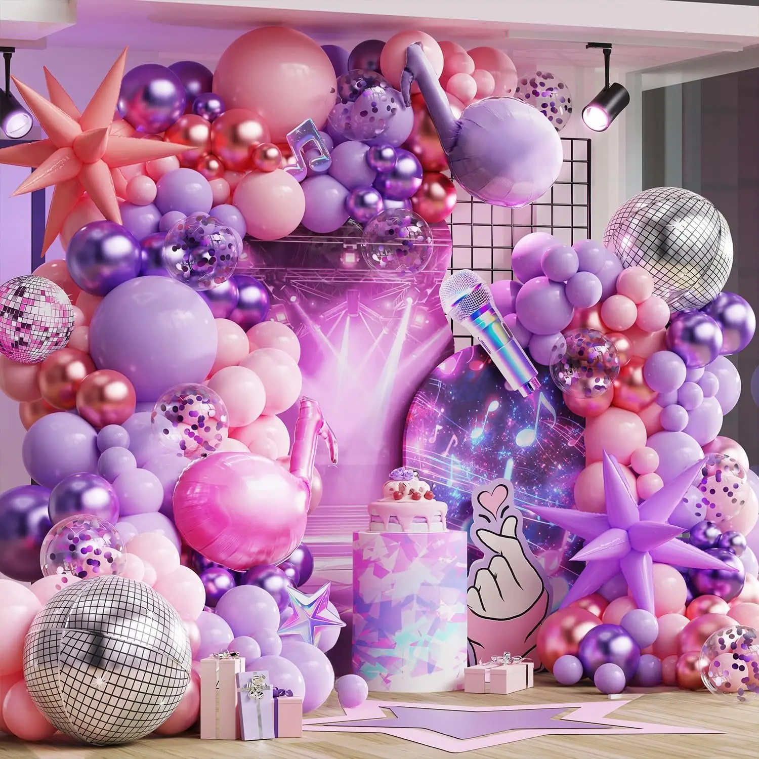 K pop  Hunter Theme Birthday Decorations, and  Balloon Garland Arch Kit with  Note Disco Ball Exploding  Foil Balloons for K pop Movie Theme Birthday  Party Decoration