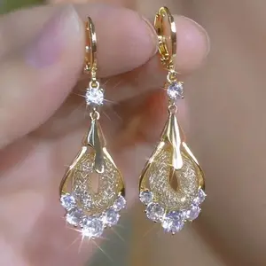 Gold wire mesh coffee-colored teardrop earrings, fashionable and elegant for women, versatile ear buckles and earrings -HN321-25