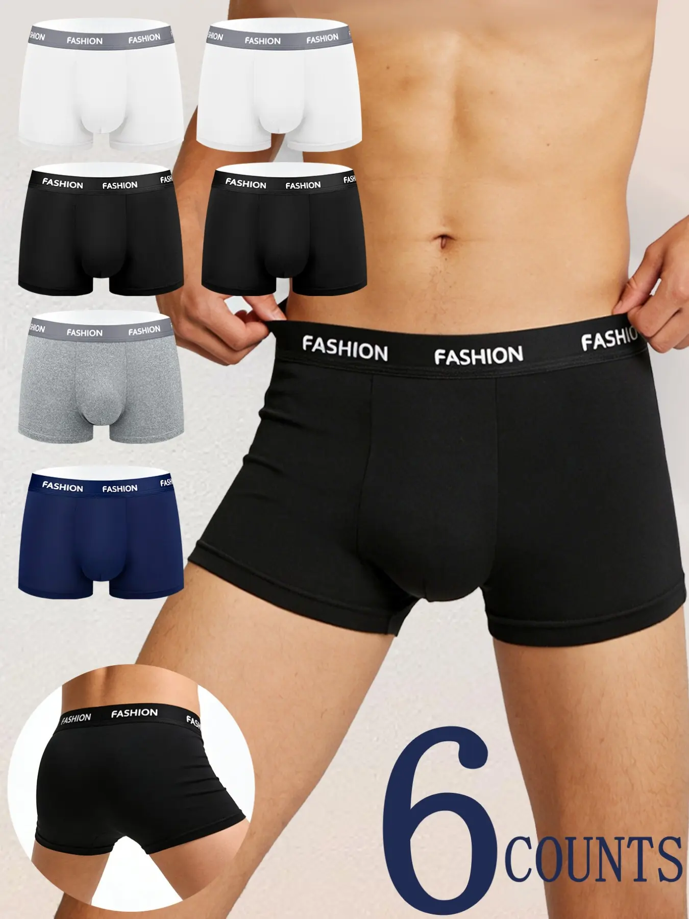 6 pcs men's solid color flat cornered underwear, Stretchy Boxer Briefs Pack, leisure and loose, suitable for all seasons, soft, comfortable, suitable for daily home and exercise