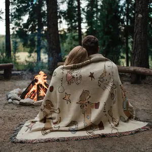 The Happy Horse Pattern Yarn Woven Portable Bohemian Outdoor Camping picnic blanket Blanket with Fringe, All Weather Easy To Care, Colorfast Chunky Soft Throw, Used for Picnic Travel Garden Office Nap Home Decor Bed Chair Tapestry Tablecloth