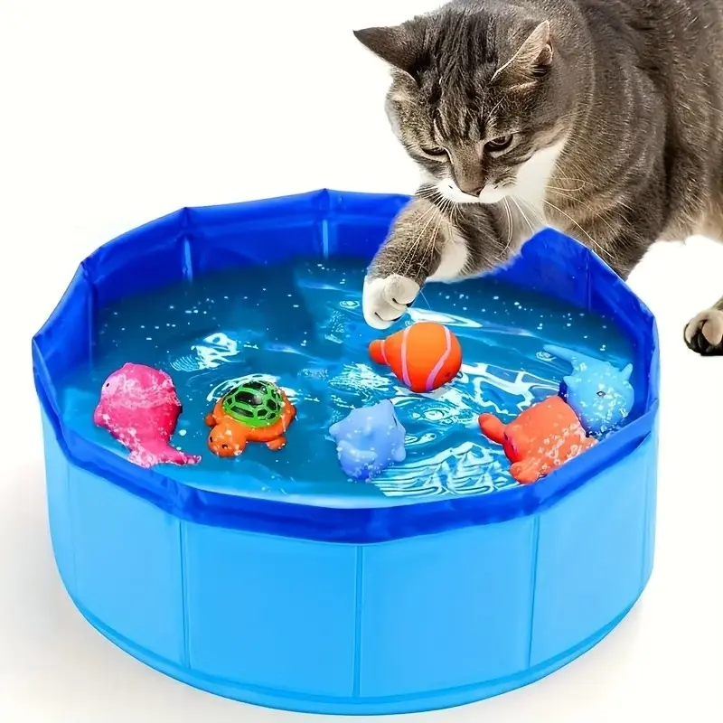 Interactive Water Play Bowl for Small Cats, Foldable Cat Bath Tub, Indoor Pet Entertainment Toy, No Fish Toys Included