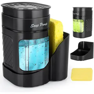 3-in-1 Countertop Kitchen Dish Soap Dispenser with Sponge Holder, Dishwashing Soap Pump Set for Kitchen Sink, Useful Black Kitchen Gadget