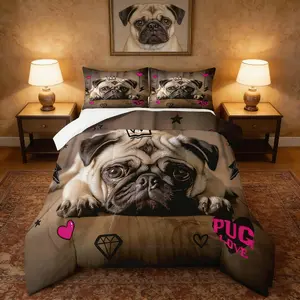3D Pug Comforter Set,Cute Pug Puppy Dog Bedding Set for Kids Boys Girls Room Decor,Animal Theme Quilt Set,Pink Hearts Lightning Star Print Duvet Set