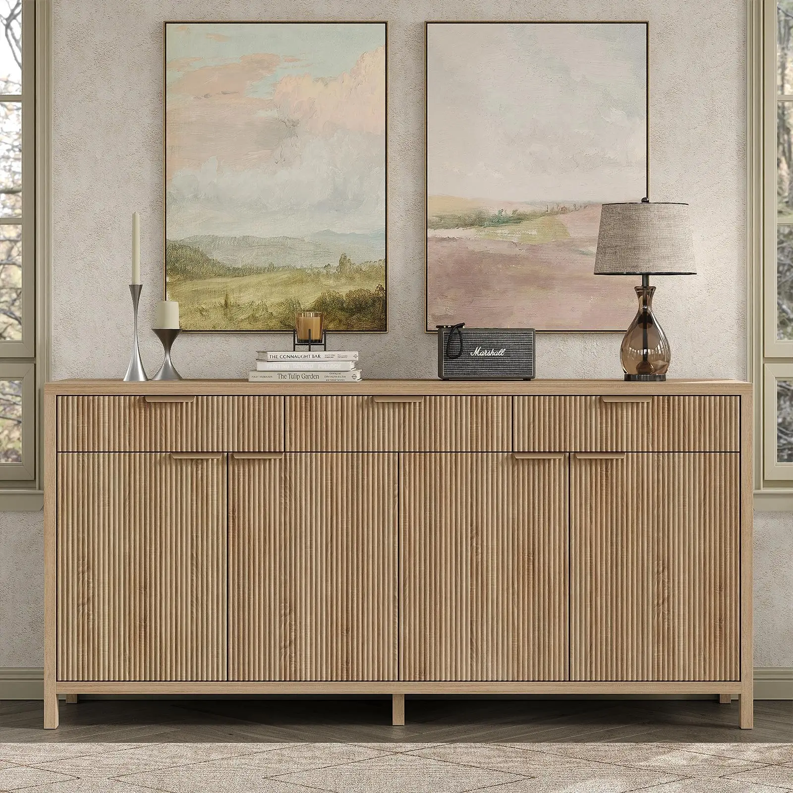FUSOU 66" W Fluted Buffet Cabinet, [Shipping by 2 Packages], Sideboard Storage Cabinet with 3 Drawers & 2 Cabinets, Mid-Century Coffee Bar Table for Living Room, Dinning Room, Natural,SummerVibe