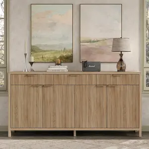 FUSOU 66" W Fluted Buffet Cabinet, [Shipping by 2 Packages], Sideboard Storage Cabinet with 3 Drawers & 2 Cabinets, Mid-Century Coffee Bar Table for Living Room, Dinning Room, Natural,SummerVibe