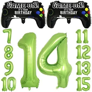 Video Game Party Balloons for Boys 14th Birthday Decorations- 2 Packs Game Controller Mylar Balloons with Green Number Balloons 14