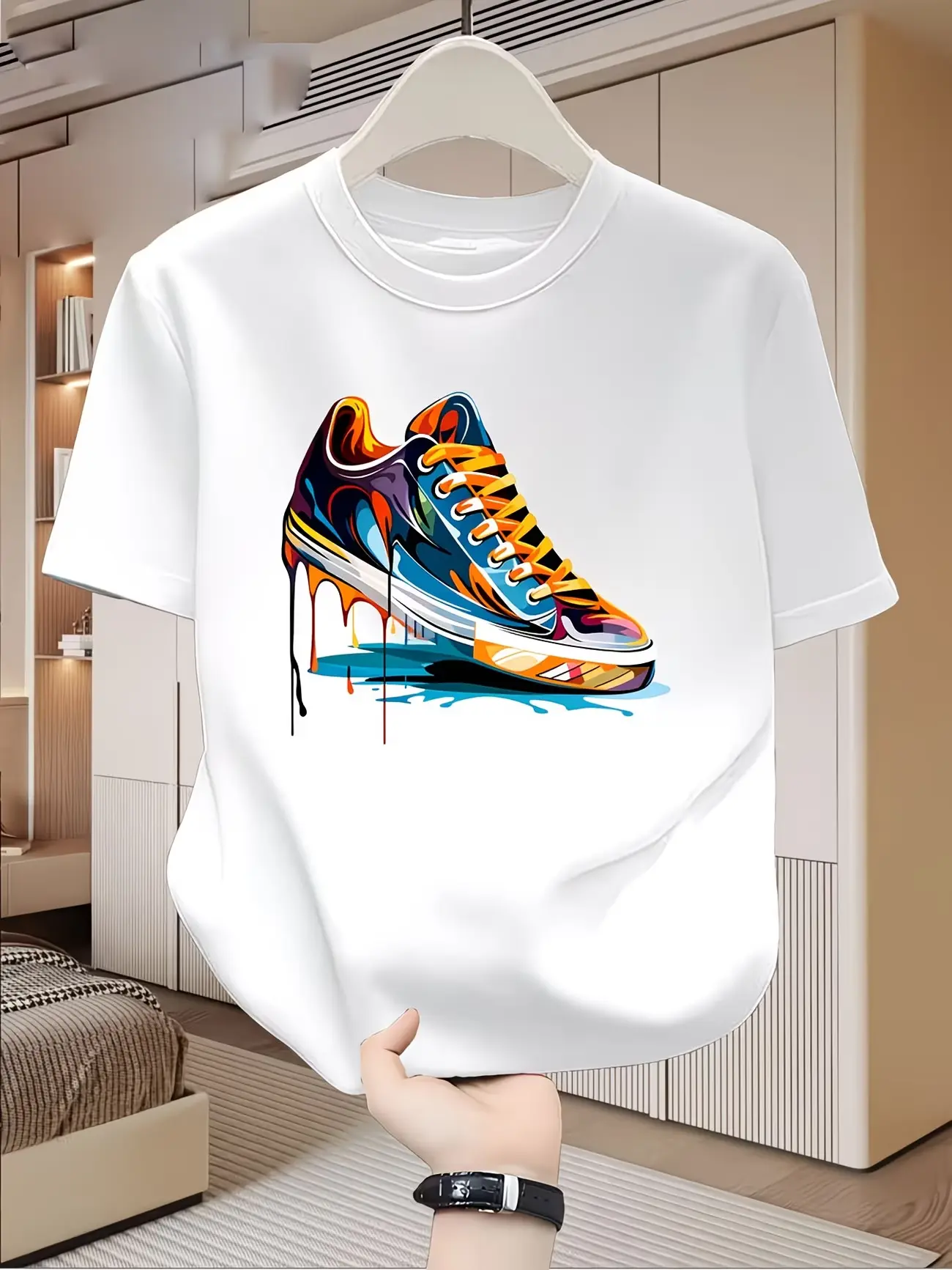 Men's Graffiti Print Breathable Cotton Tshirt, Slim Fit Short Sleeve for Casual Streetwear and Summer OOTDs, Shortsleeve, Casual Ootd, Graffiti Style, T-Shirt, Wedding, Trendy Sneaker Graffiti Splash Print
