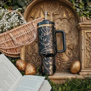 Matte Black & Gold Dragon Wing Tumbler. Insulated 40oz Cup with Handle for Dragon Moms & Fantasy Fans. Dark Academia Aesthetic Decor for your next reading marathon. Keep your drinks cold in style.