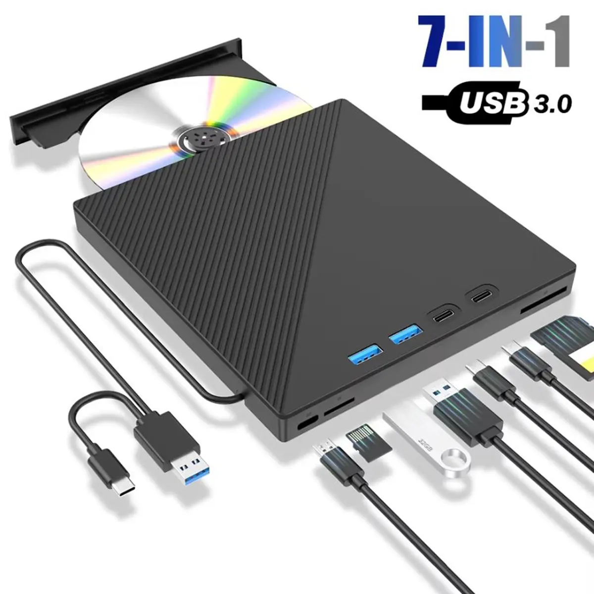 7 in 1 External CD/DVD Drive for Laptop, Portable DVD Player for Laptop with 2 USB A & 2 USB C Ports, SD/TF Port, and TF Card, USB External Optical CD Drive for PC Windows Linux MacOS Data Transfer