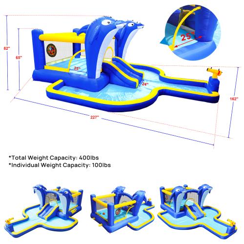 8-in-1 Inflatable Water Park with Slide, Trampoline, Dolphin Sprinkler & Target games & Water gun & Basketball