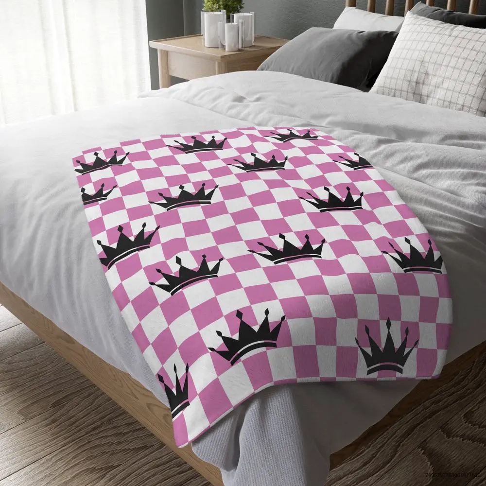 Pink checkerboard with crowns on one side,Fleece Blanket ombre design on side two, gift for her, gift for kids room