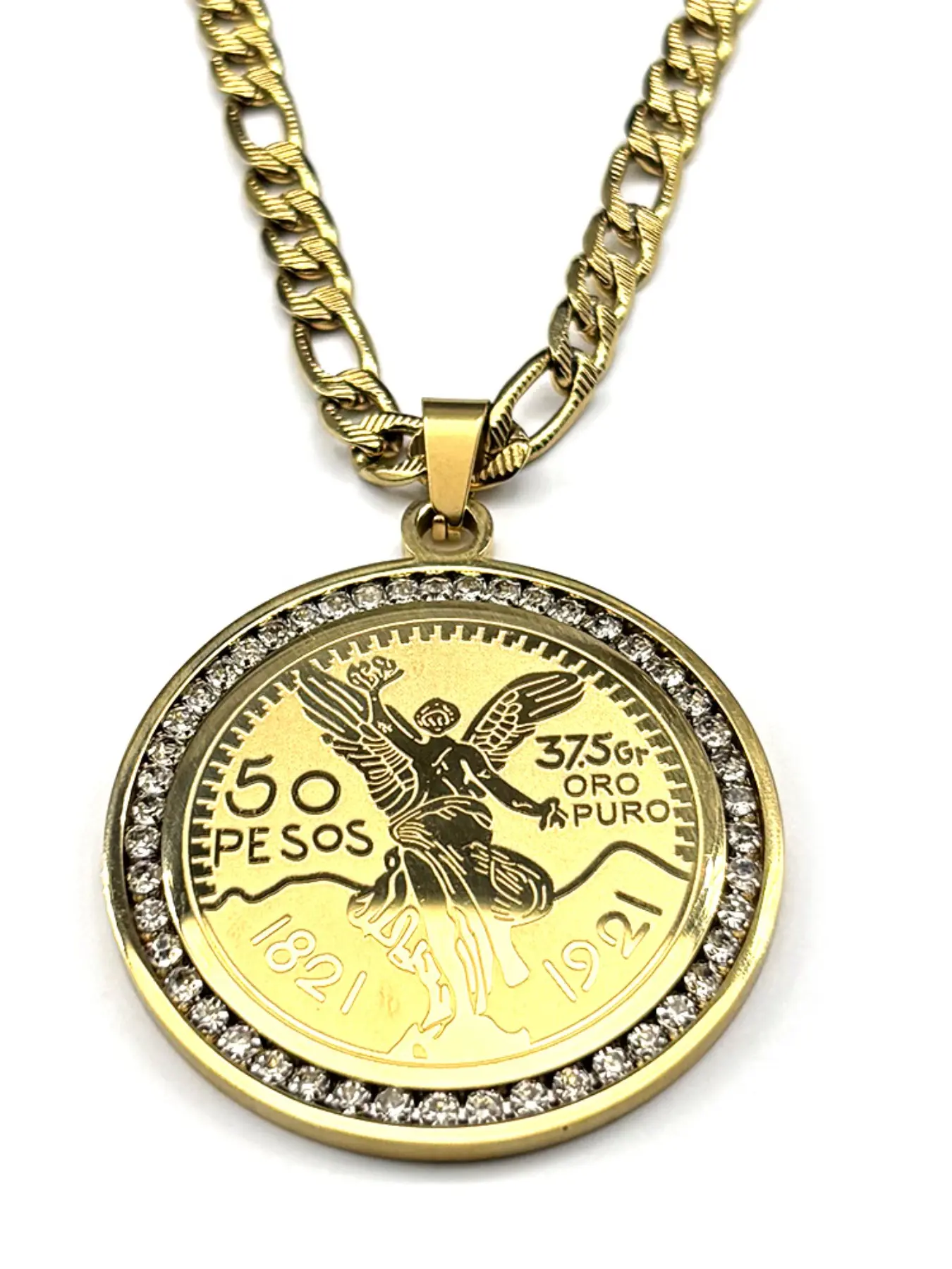 1921 Mexican 50 Pesos Coins Crystals Pendant With Necklace Jewel Necklaces Men Necklace for Men Women Stainless Steel Gold Color Winged Victory Chain Gift Necklace Pendant Jewelry