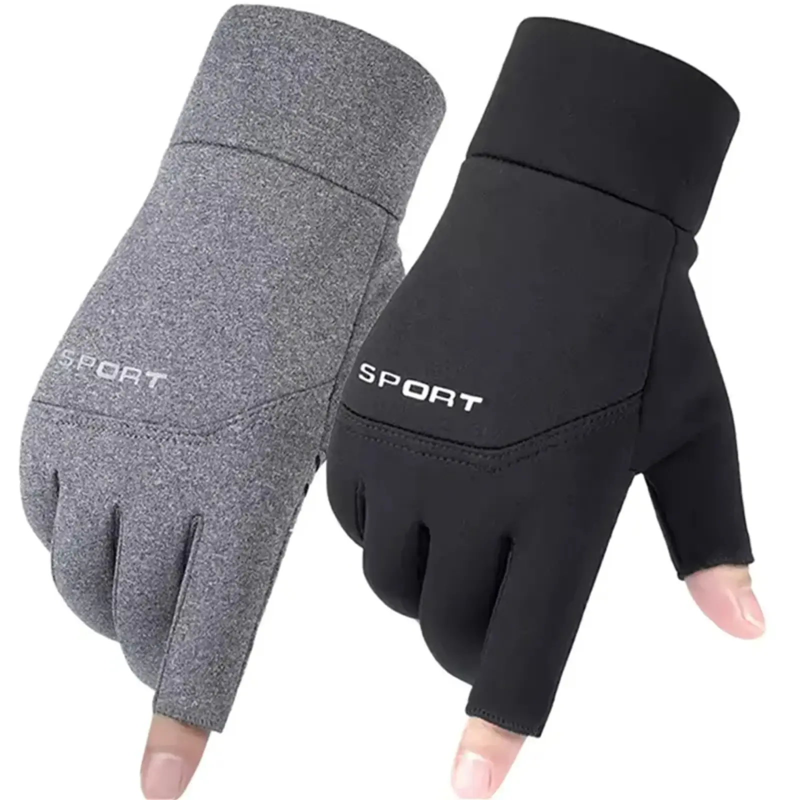 Winter Fishing Gloves Men Women Warm Touch Screen Two Fingers Cut Anti-Slip Fleece Mittens Outdoor Cycling Running Angling Sports Equipment Gear