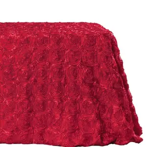 3D Satin Rosette Design Rectangle Table Cloth - Hemmed Design