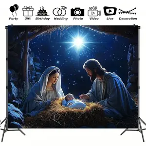1pc Large Nativity Scene Backdrop with Mary,, & Wise - Starry Night Stable/Church Setting - Heavy-Duty 100% Polyester Fabric for Indoor/Outdoor Christmas Photo Shoots, Live Streaming, Party Decorations (No Electricity