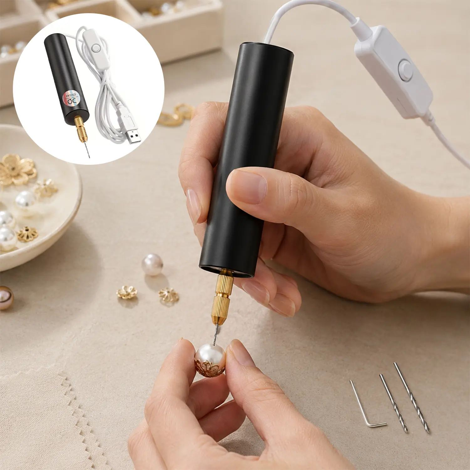 Electric Hand Drill Tools Set for Resin Casting Molds, Electrical Pin Vise Kit with 3 Pieces Drill Bits (1.0 to 1.2 mm) for Resin Plastic Wood Polymer Clay Jewelry Keychain Pendant Making Supplies