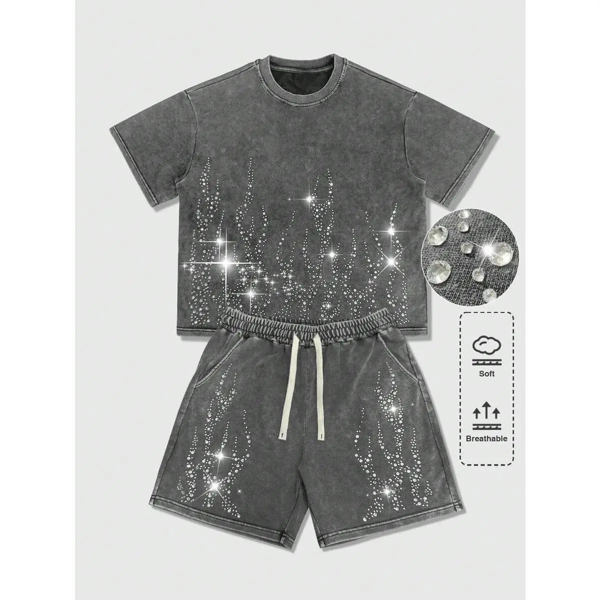 Men's 2-Piece Loose Fit Clothing Set - Gothic Avant-Garde Galaxy Graphic Cotton-Polyester Stretch Fabric Short-Sleeve Top & Rhinestone-Adorned Pants, Menswear, Rhinestones, Galaxy Print, Set Outfit, Drop Shoulder, Shortsleeve, Clothes, Pocket, Gothic Punk