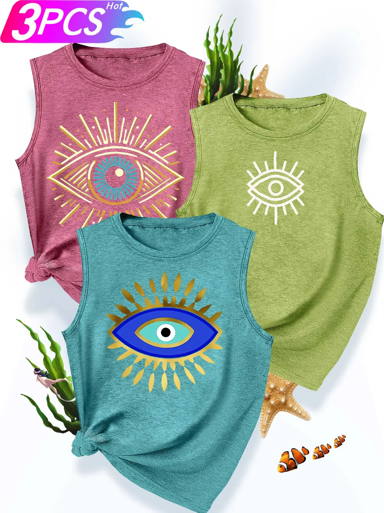 Women's 3Pcs Crew Neck Tank Tops, Vest Tee, Sleeveless, Evil Eye Totem Series Print, Multiple Colors Available, Machine Washable, Spring & Summer Tops, Soft Skin-Friendly Fabric, Breathable Summer Tank, Daily Versatile, Casual, Fashion Design