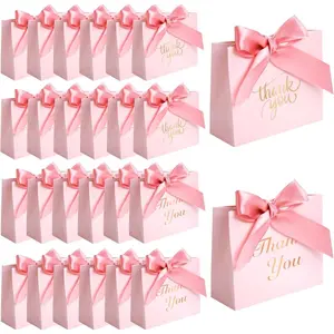 Thank You Gift Bags, 4.5x3.9x1.8Inches Mini Party Favor Bags Pink Treat Boxes with Bow Ribbon For Wedding, Bridal, Baby Shower, Birthday Party
