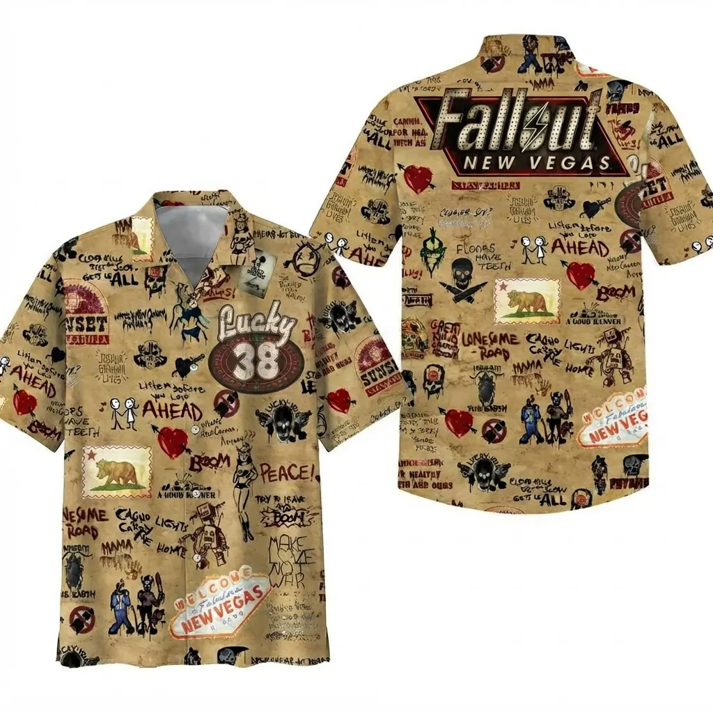 Fallout New Vegas Hawaiian Shirt Men's Lucky 38 Tan Button Down Short Sleeve NCR Sunset Sarsaparilla Summer Beach Shirt Vintage Video Game Apparel Gamer Gift Graphic Top