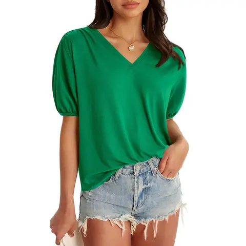Imily Bela Womens Puff Short Sleeve T-Shirts V Neck Summer Casual Pleated Tops Loose Fit Curved Hem Tees