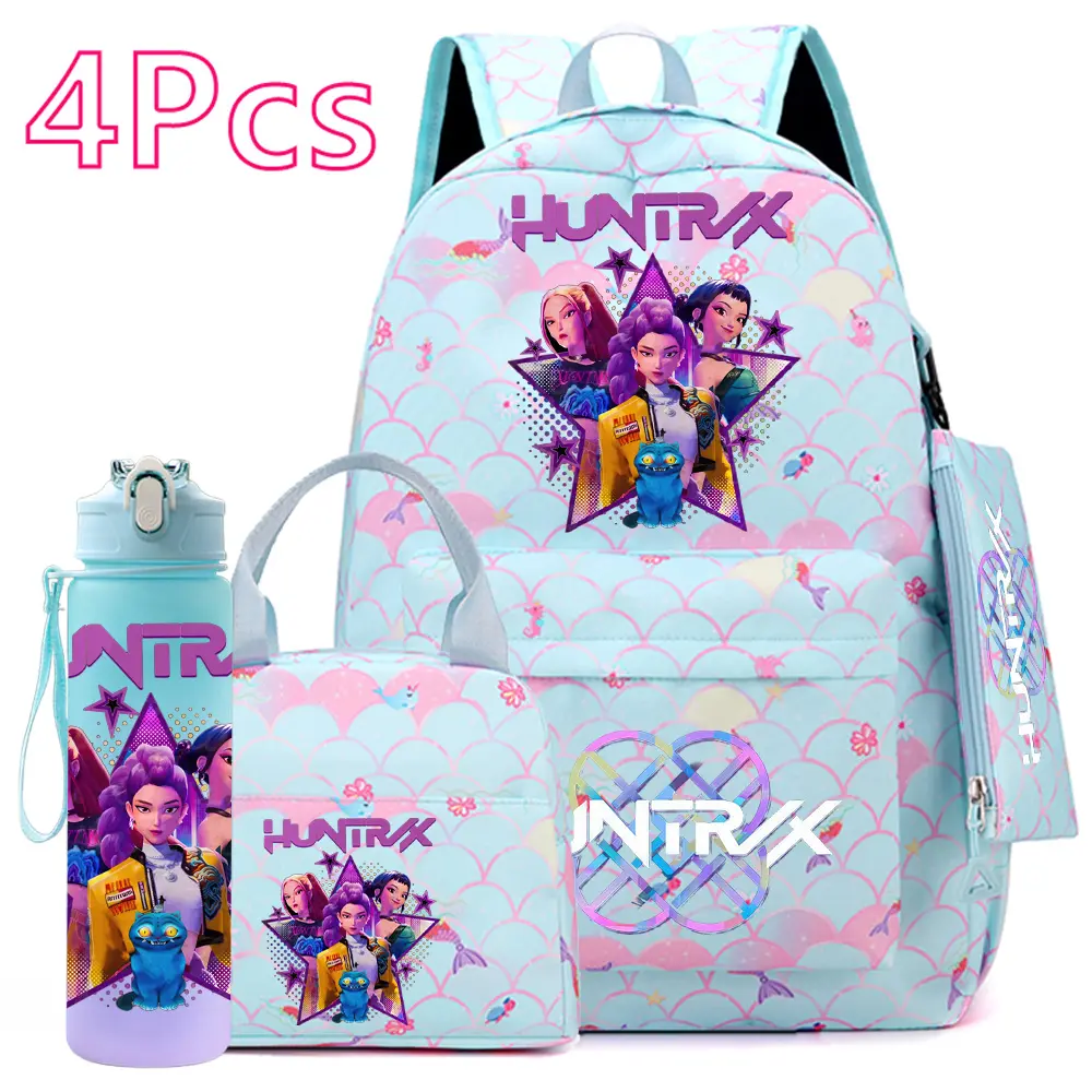 KPop Demon Hunters School Backpack Set 4PCS – Large Capacity Anime Bookbag for Girls with Lunch Bag, Pencil Case & Water Bottle