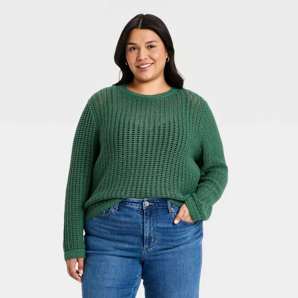 Universal Thread Women's Crochet Openwork Crewneck Knit Sweater - Green