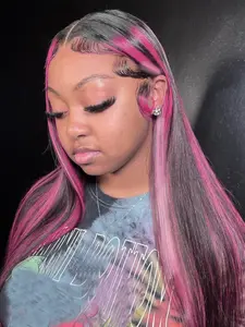 QD-Tizer Skunk Stripe Pink Lace Front Wigs Long Straight Highlight Pink and Black Wigs Pre-Plucked Glueless Synthetic Wigs For Women 180 Density Heat Resistant Fiber Hair Synthetic Lace Front Wigs For Daily & Parties Wear 28Inch Colorful Wigs