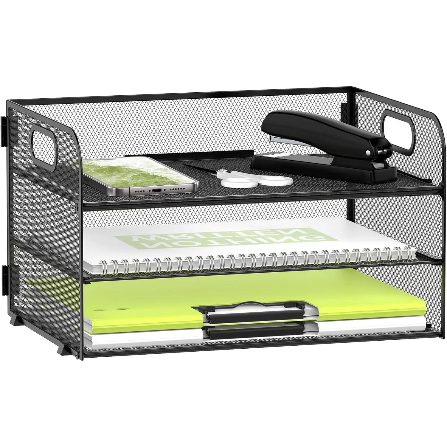3-Tier Paper Organizer with Handle, Mesh Desk Organizer Letter Tray, Paper Tray Organizer File Organizer for A4 File Folder, Black