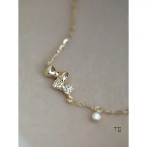 Girly S925 Silver Plated 14K Gold Bowknot Style Sterling Silver Bracelet Cute Gift for Everyday Wear Elegant Exquisite Jewelry