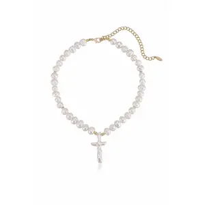 Ettika Organic Pearl Cross Necklace with 18kt Gold Plated Chain and Cross Pendant 16" Length 8mm Beads Ideal for Any Occasion