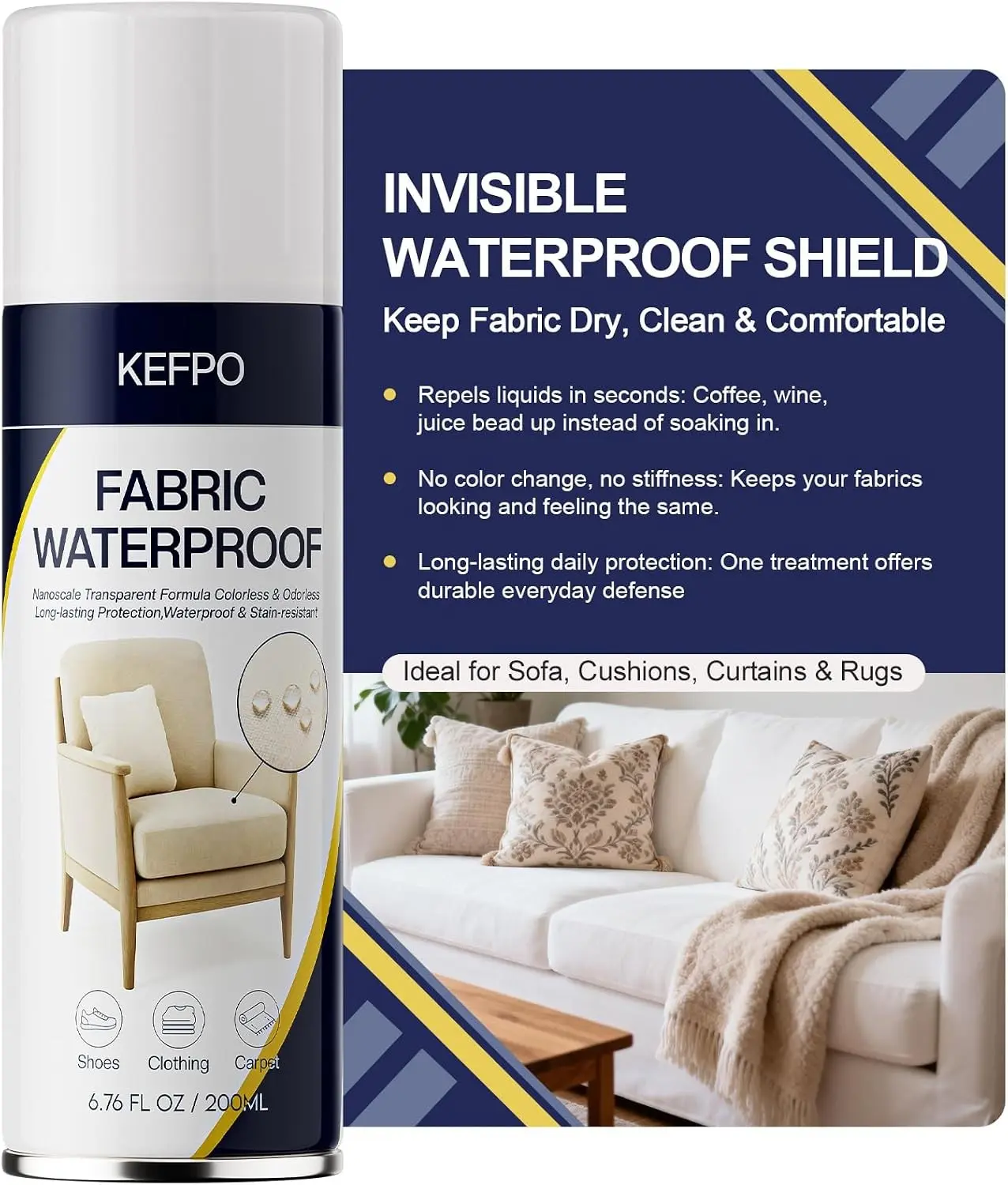 Waterproof Fabric Protector Spray: Invisible Upholstery & Linen - Stain Repelling Protection for Sofa, Fabric - Keeps Furniture Clean & New (6.76oz)