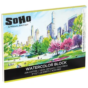 SoHo Urban Artist Watercolor Block 9x12" - 140lb 20 Sheets Cold Press, Professional, Sustainable, Acid-Free