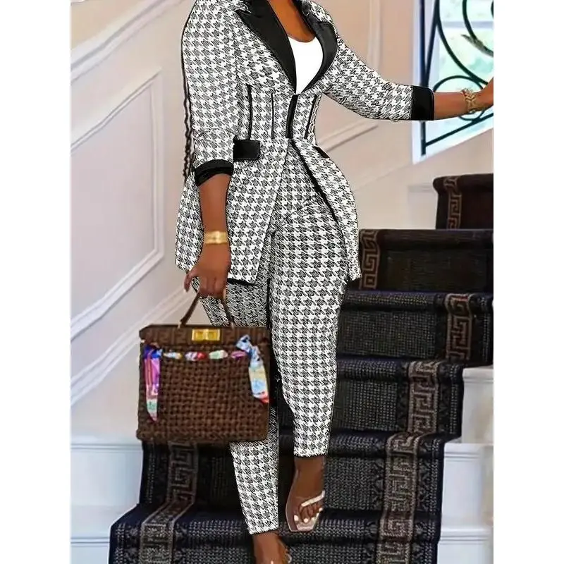 ? Women's Houndstooth Print?Pocket?Suit Sets, Business Zipper Blazer & Suit Pants, Ladies' Outfits for All Seasons Can be used with a raincoat