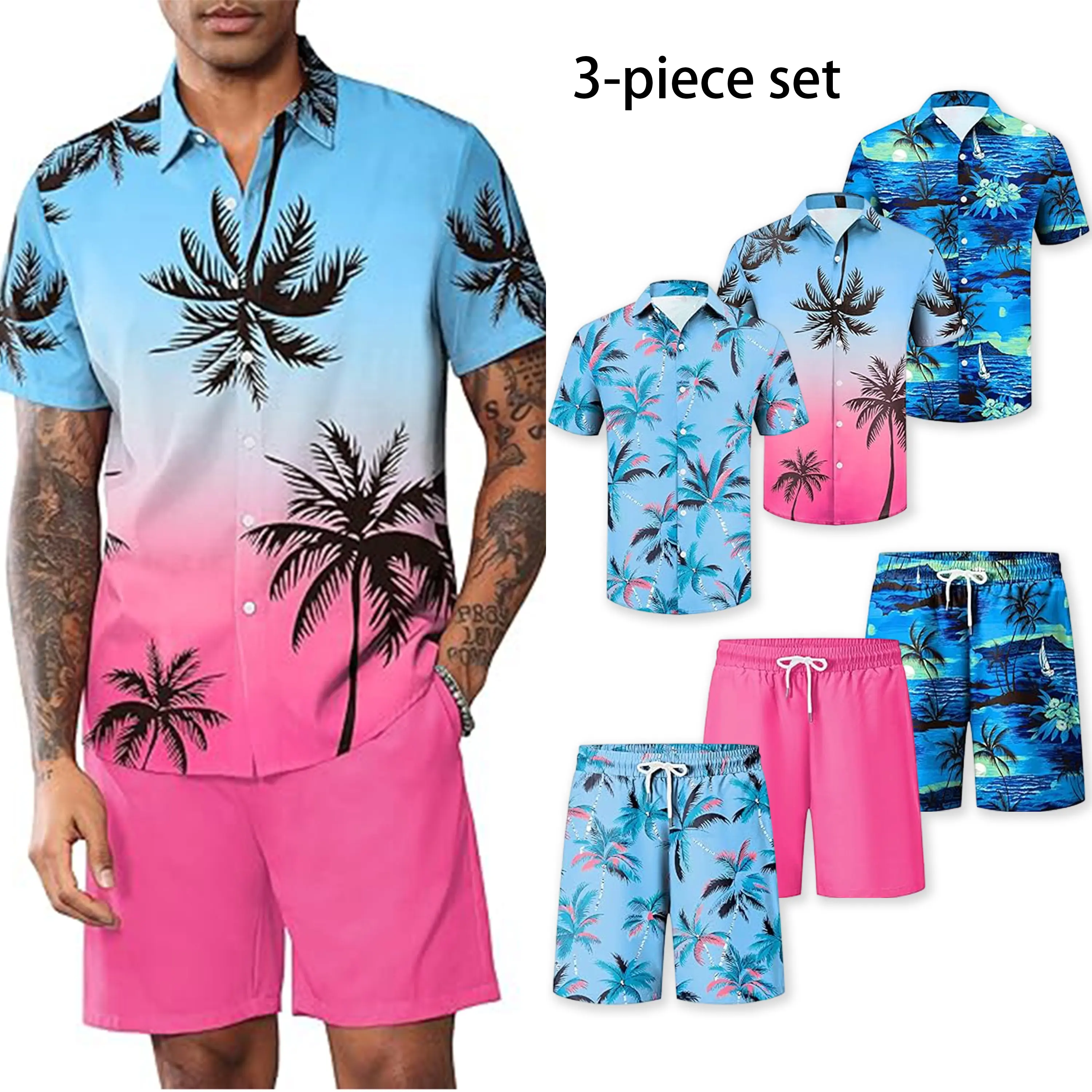 Men's 2-Piece Stylish Tropical Palm Print Resort Clothes Set - Polyester V-Neck Short Sleeve Button Down Shirt & Drawstring Shorts, Fashion Vibe Casual Matching Menswear for Summer Vacation, XXL Available