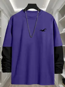 Men's Bird Print Two-Tone Chainsaw Man T-shirt, Casual Loose Long Sleeve Round Neck Tee for Daily Wear, Fashion Men's Top for All Seasons, Casual Streetwear Top