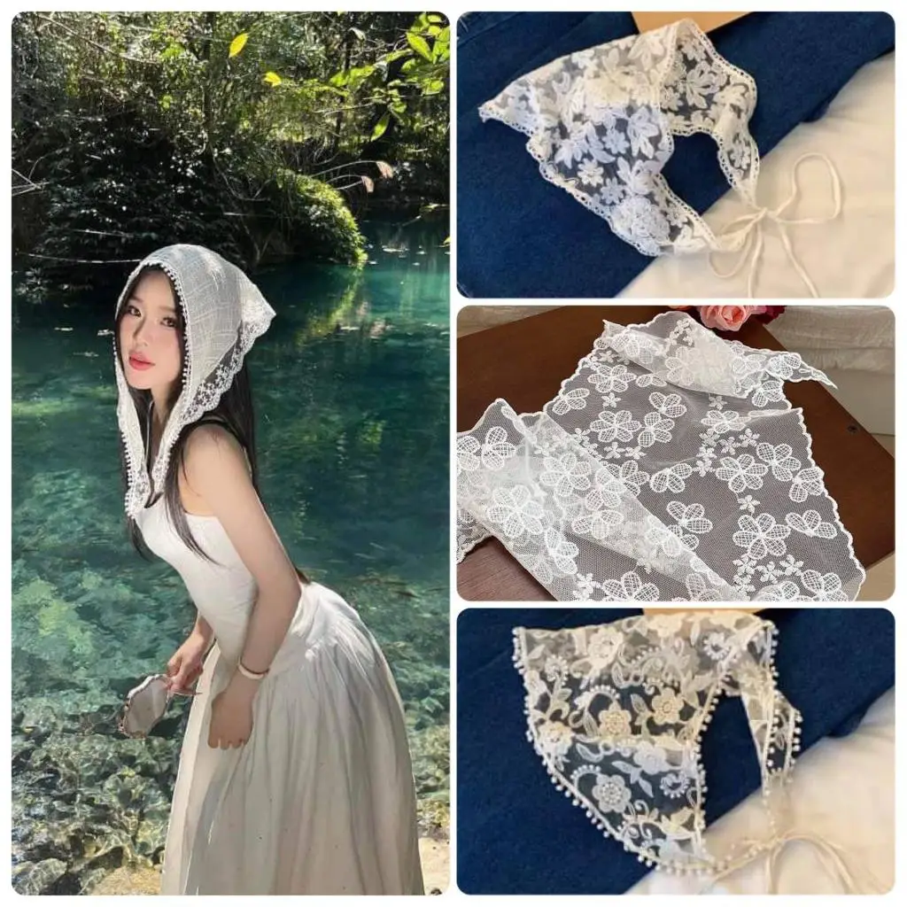 Beige Lace Triangle Scarf – Sweet French Style Head Wrap or Neck Scarf