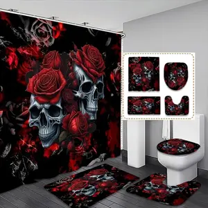 Gothic Skull & Rose Shower Curtain Set, Silver Color Skeleton, Gradient Background, Includes Hooks, Non-Slip Mat, Toilet Lid Pad