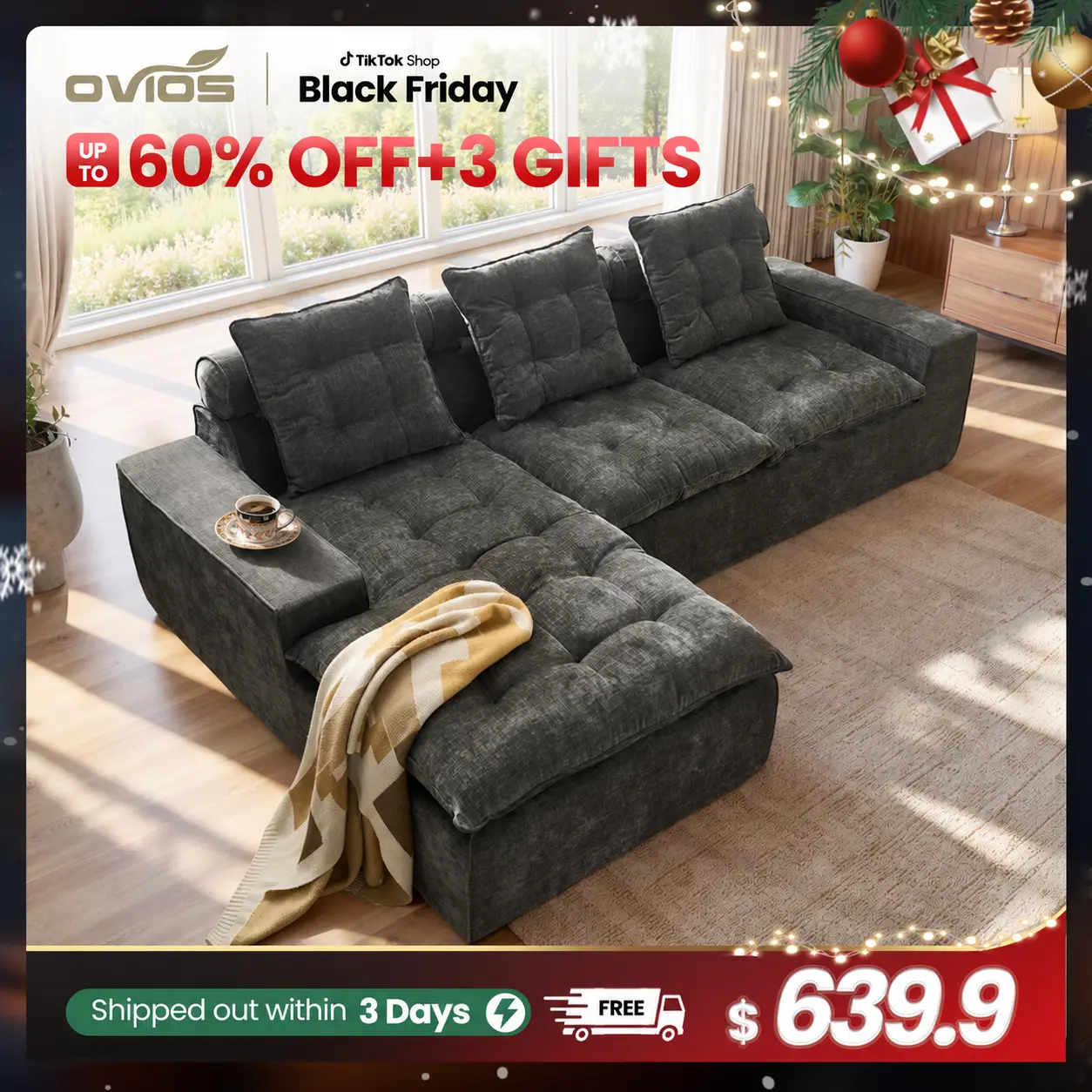 【Deals For You】OVIOS 106" Modular Cloud Couch, Oversized Deep Seat Chenille Sectional Sofa with Chaise, Boneless No-Assembly L-Shaped Couch for Living Room, Apartment & Home Theater, Ash Gray