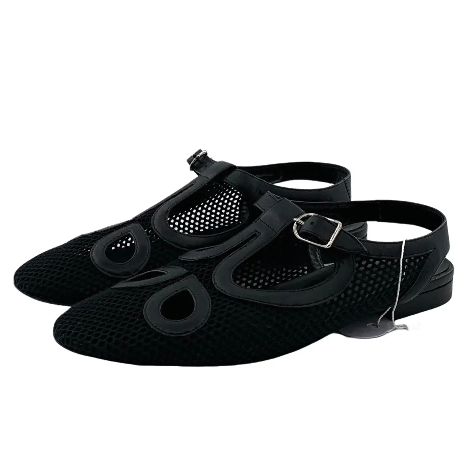 RDLT-Hermes size 39 black mesh cutout calfskin strap buckle flat ballet flats-H38156