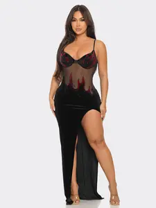Bold Rhinestone-Embellished Flame Design Sheer Mesh Maxi Dress - Sexy Black Evening Gown with High Slit special event