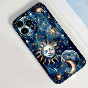 Straight Edge Star Moon Sun Pattern TPU Pattern Case for iPhone 16 15 14 Pro Max 13 12 11 XR XS Plus Shockproof Non Slip Military-Grade Protection Silicone Cover