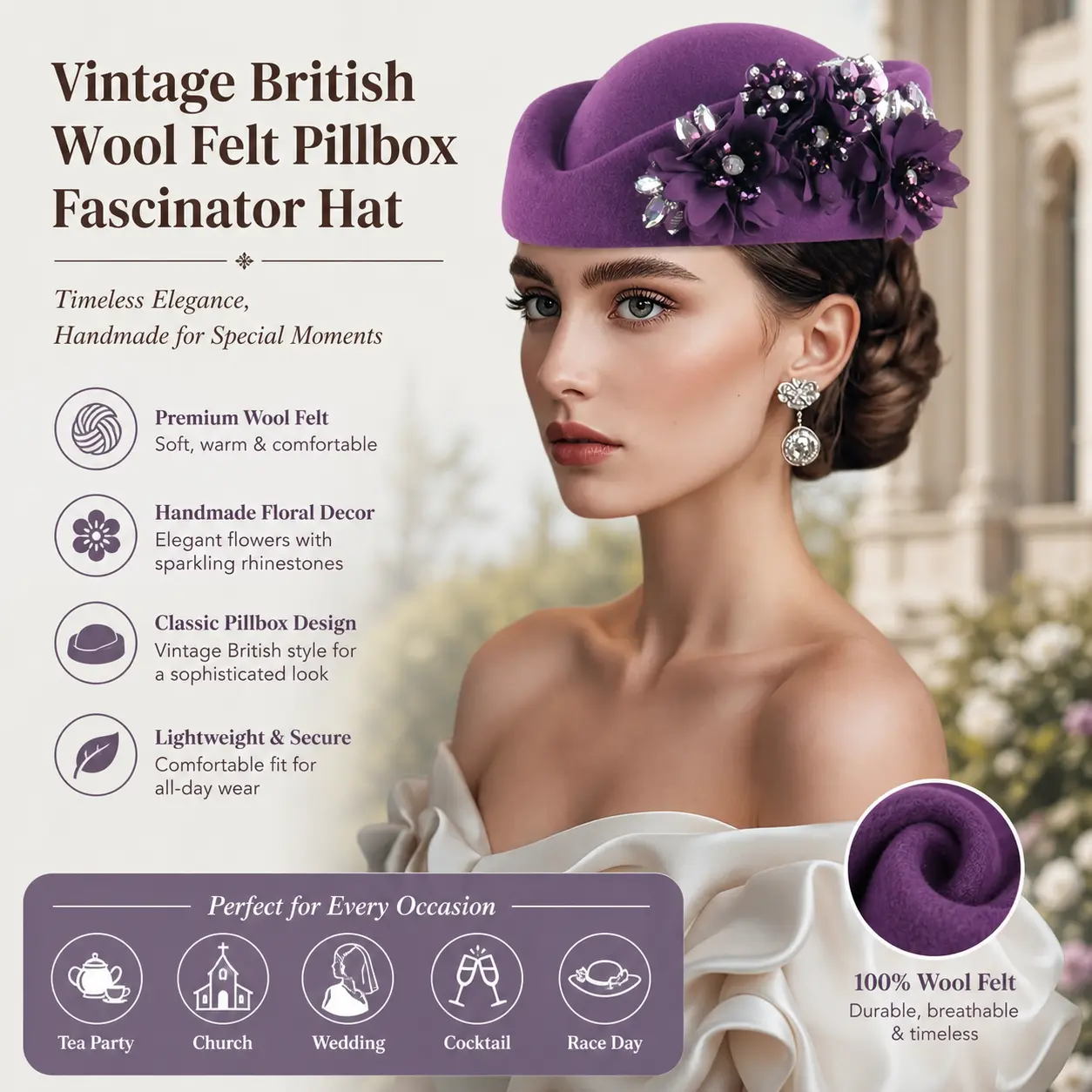 Vintage British Wool Felt Pillbox Fascinator Hat for Women, Elegant Handmade Floral Rhinestone Decor Derby Beret, Formal Tea Party Church Wedding Bridal Cocktail Race Day Dress Hat