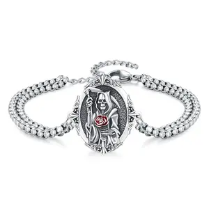 Santa Muerte Bracelet 925 Sterling Silver Patron Religion Catholic Medal Protection Bracelet Jewelry Birthday for Men Women with Gifts Box TikTokShopBlackFriday