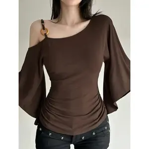 Women's Retro Ethnic Style Beaded Asymmetrical Shoulder Flounce Sleeve Top, Slim-Fit Spring & Fall Fashion, Moderate Fabric（gift） Casual Womenswear