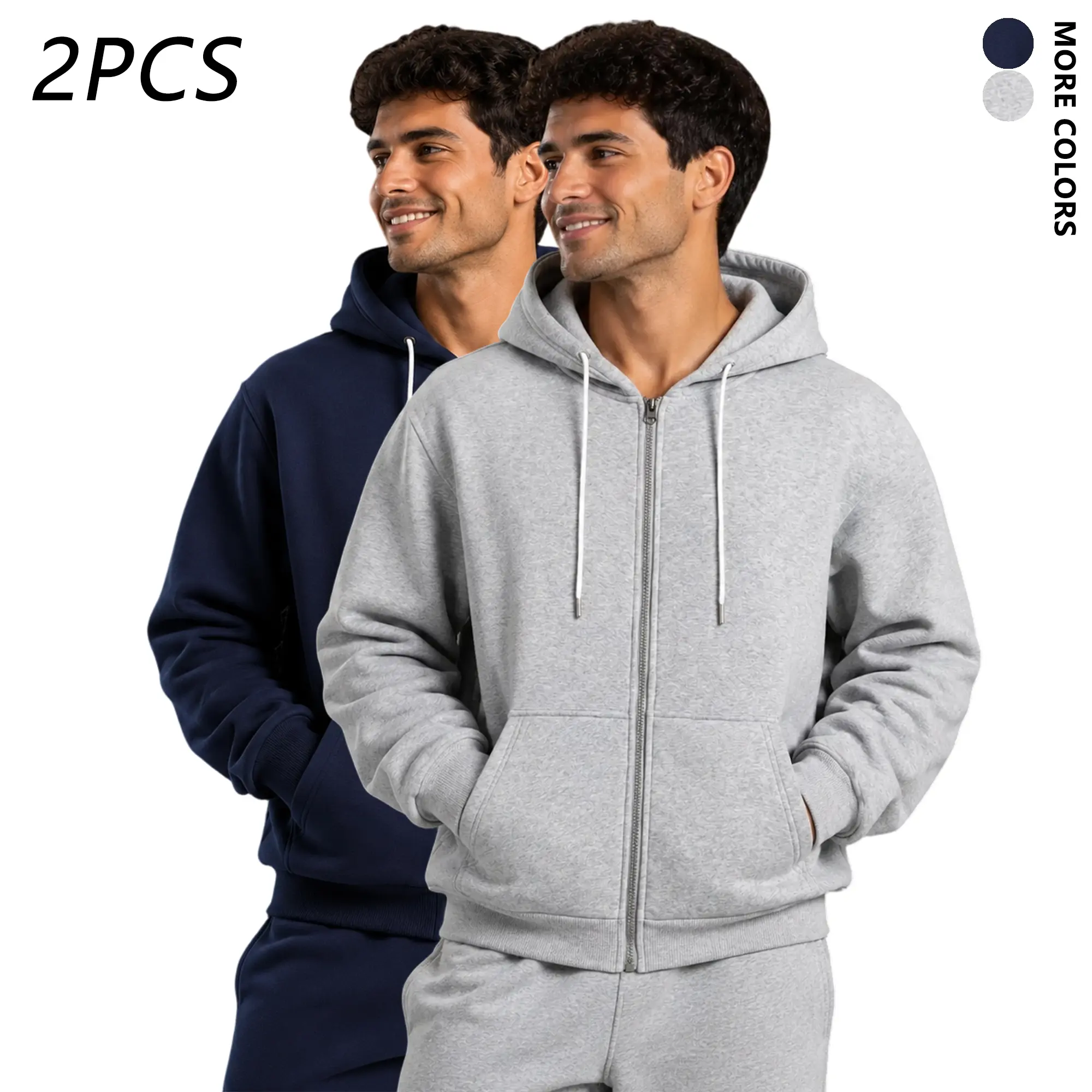 2-pack men’s zip-up hooded sweatshirt jacket set, long-sleeve solid color sports hoodie outerwear suitable for running and fitness training, casual long-sleeve hoodie top, wearable for gym, sports, and everyday casual wear.