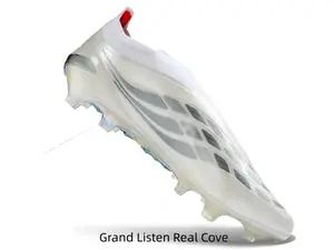 Laceless translucent white soccer cleats with silver geometric print and bright red heel trim