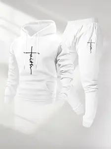Men's Casual Hoodie Set, Letter Print Drawstring Sweatshirt + Jogger Pants, Fall & Winter Thick Knit Fabric, Fitted Style, 2 Piece Pack, Casual Sport Set