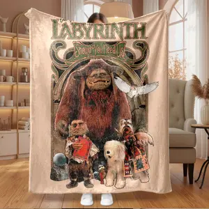 1pc Vintage Fantasy Creatures Flannel Blanket, featuring a majestic horned beast, a small book-holding gnome, two loyal dog companions, and a soaring owl, super soft cozy warm throw for Sofa, B, Blankets for Sofa
