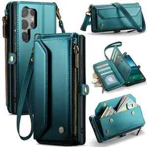 Leather Zipper Wallet Card Holder with Lanyard Crossbody Bag Anti-Drop Phone Case for Samsung Galaxy S25 Ultra S24 Ultra S23 Ultra S22 Ultra S21 Ultra Zipper Phone Pouch